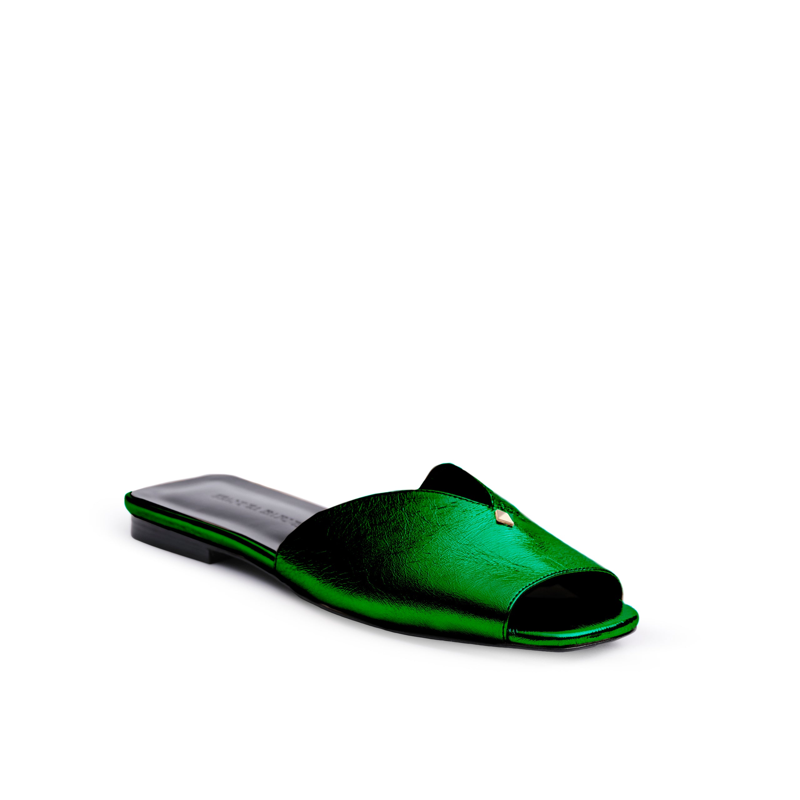 Taylor Open Toe Metallic Flat Slides in Green
