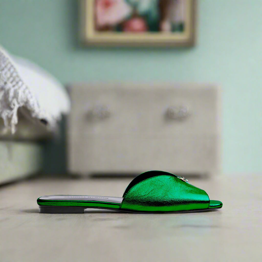 Taylor Open Toe Metallic Flat Slides in Green