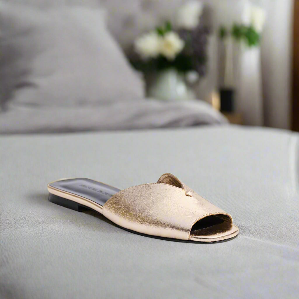 Taylor Open Toe Metallic Flat Slides in Gold