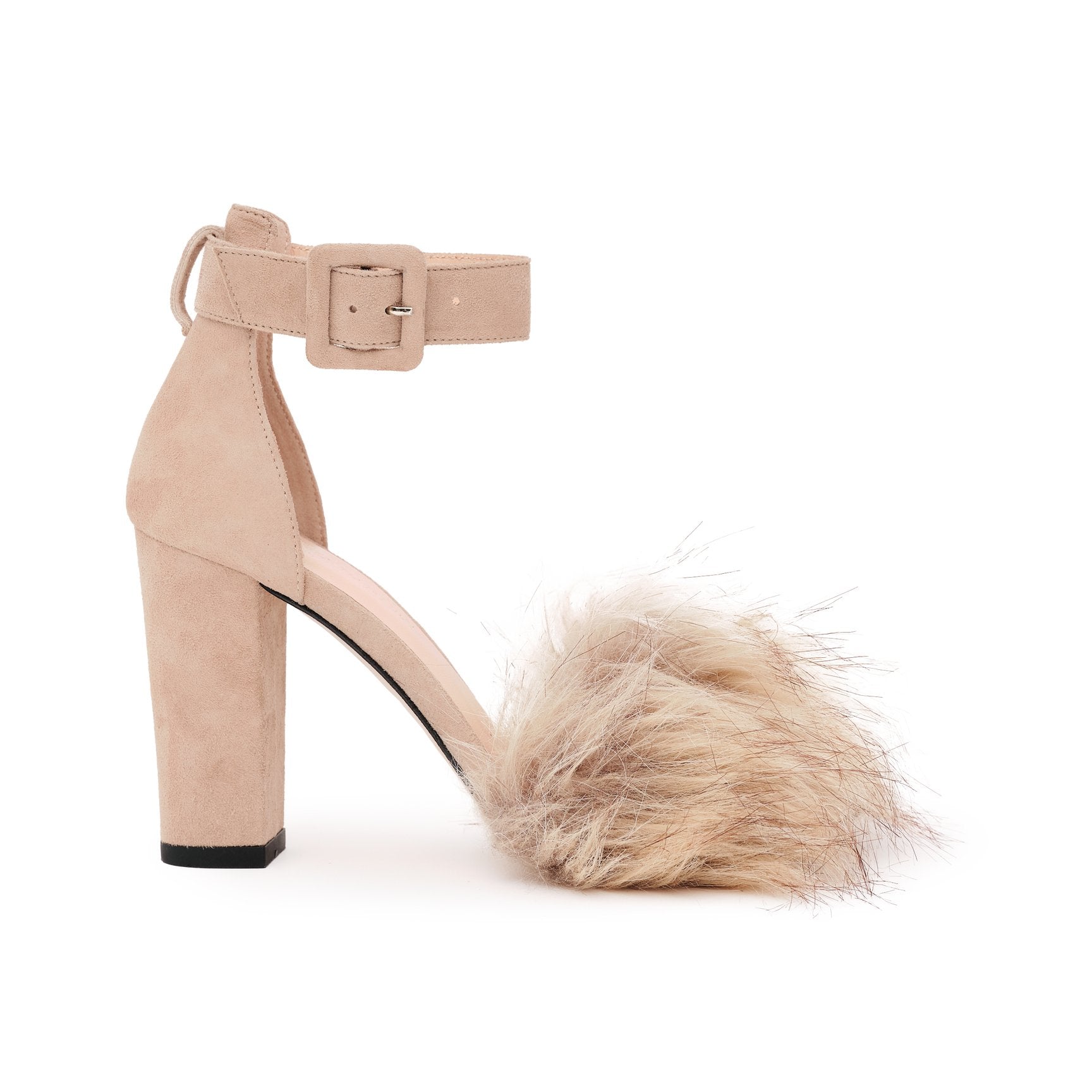 Naomi Suede Block Heel Pumps with Faux Fur in Taupe