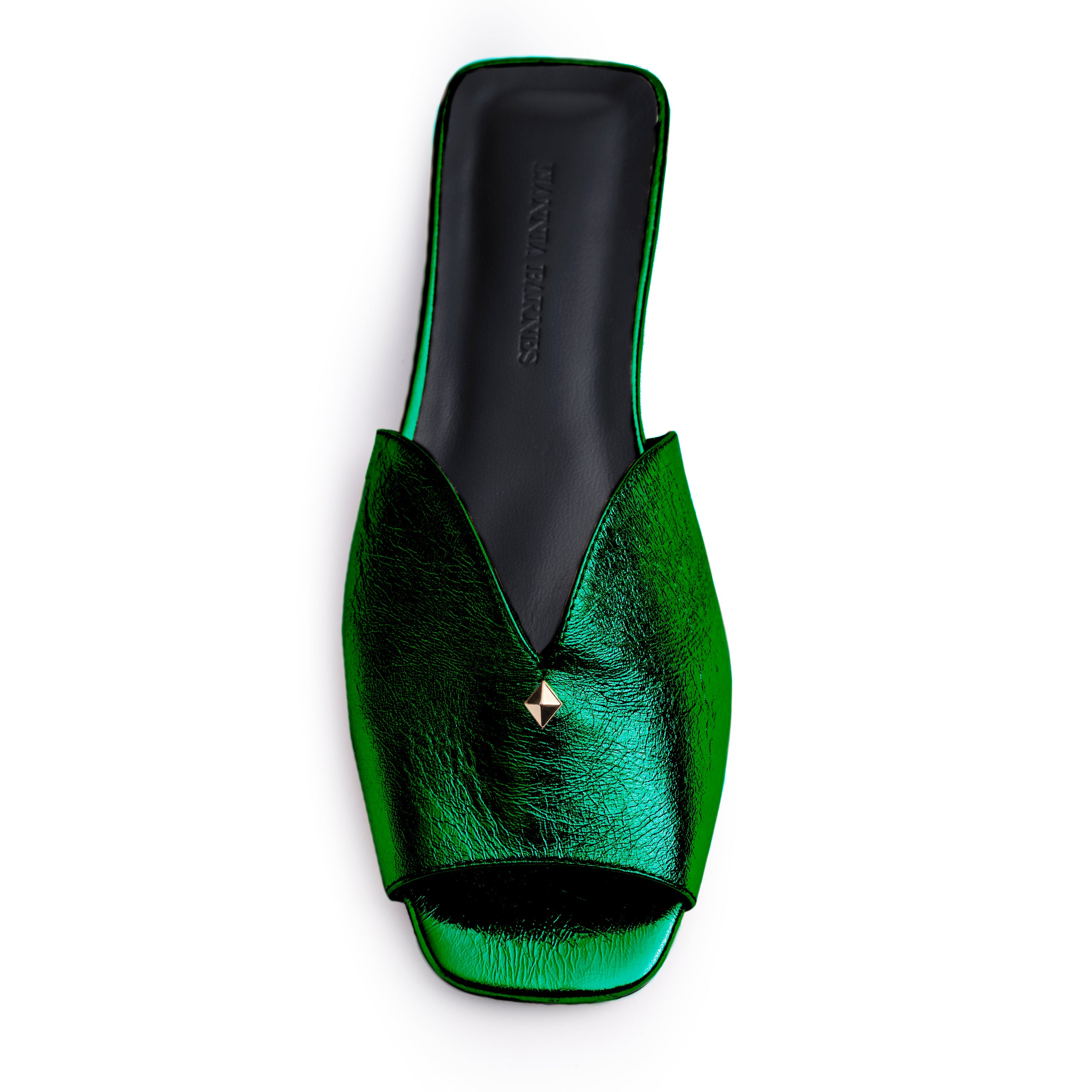 Taylor Open Toe Metallic Flat Slides in Green